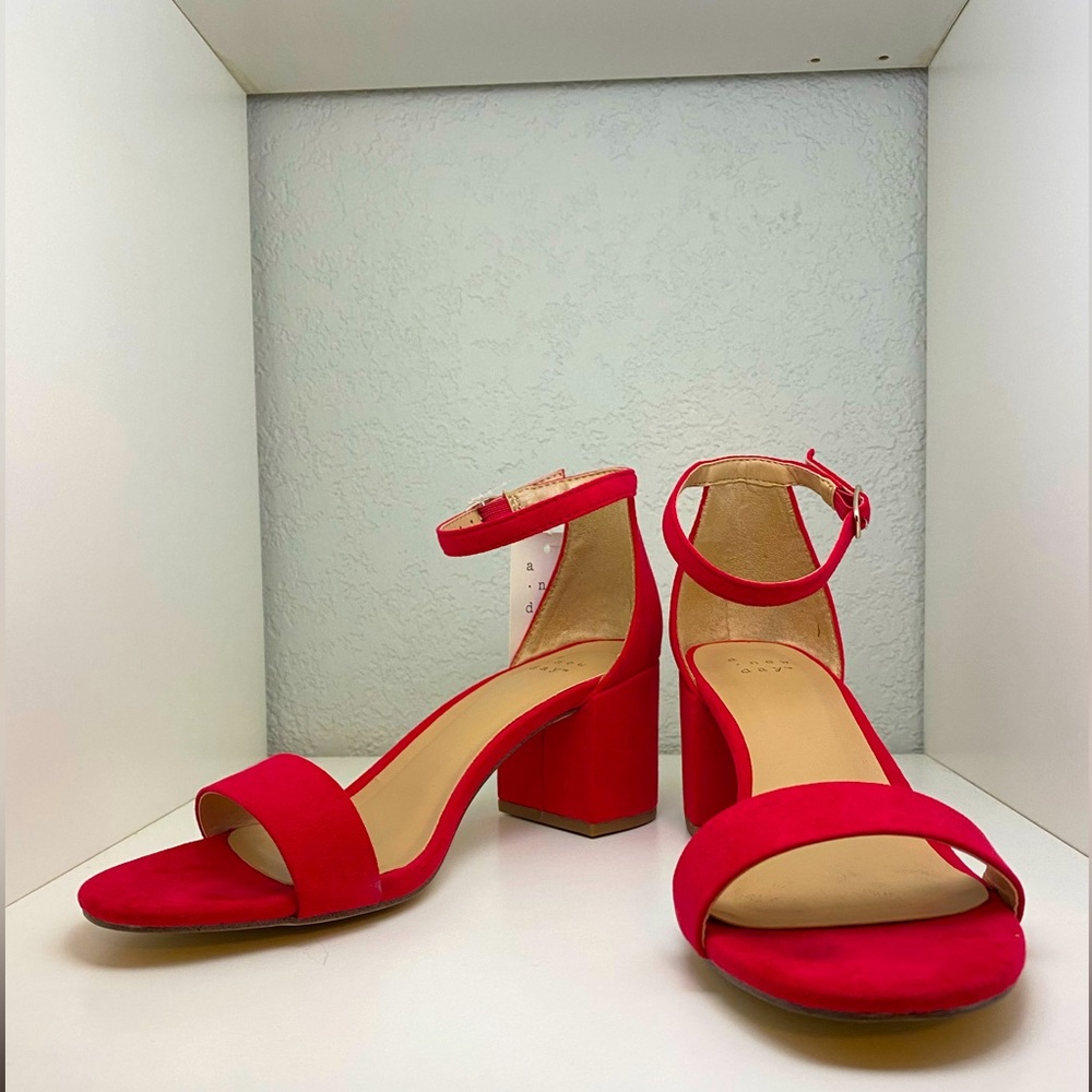 Red ankle strap block heels